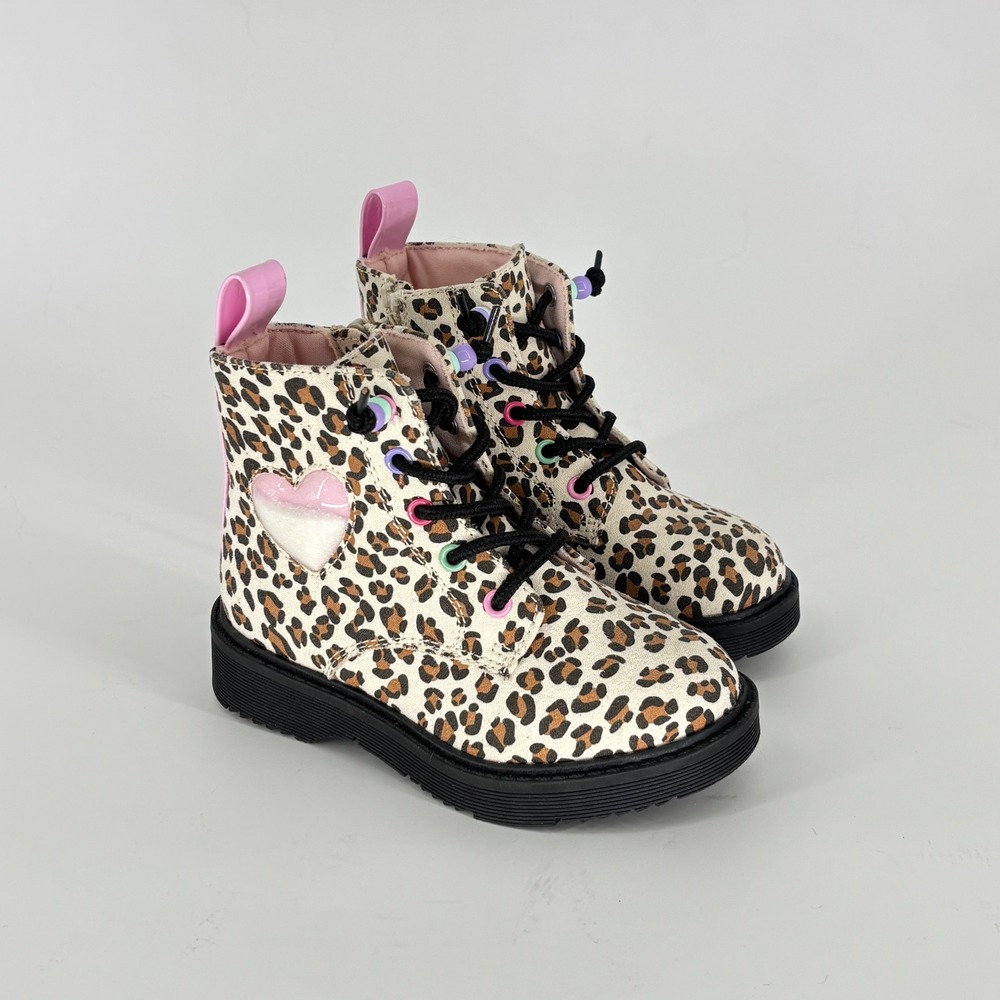 Harper Canyon Victorya Heart Combat Boots Leopard Print Kids Size 8 Side Zipper
